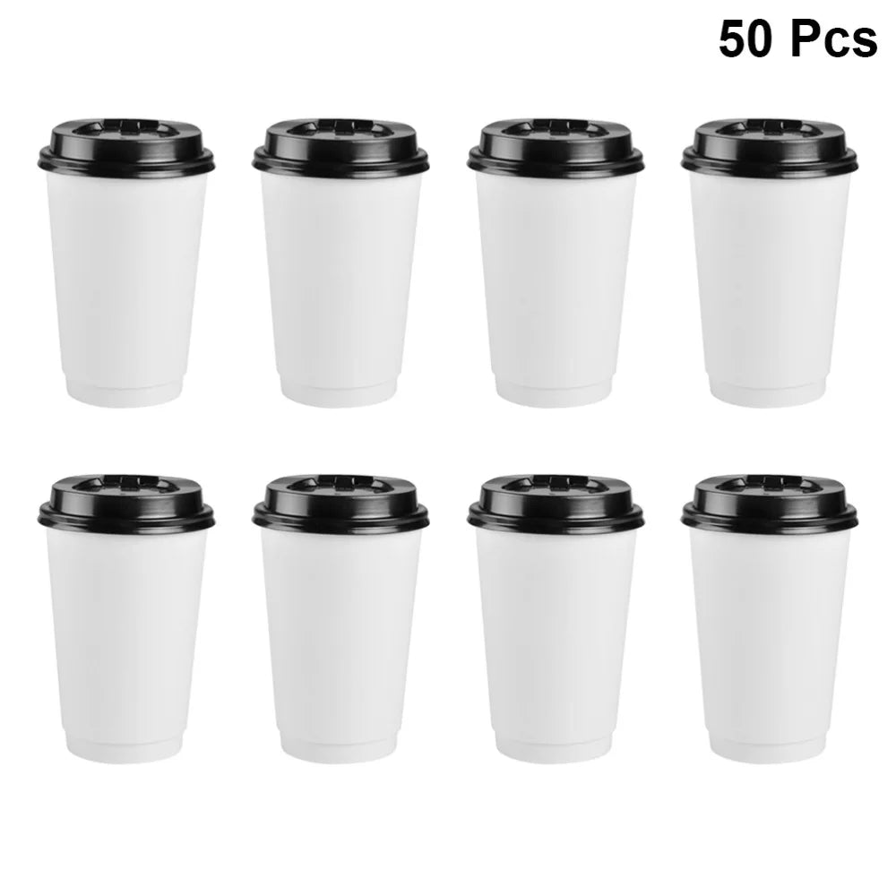 50pcs Disposable Coffee Cups Insulation Takeaway Double-Layer European Style Simplicity Paper Cup With Lid (8/12oz, 280/350ml)