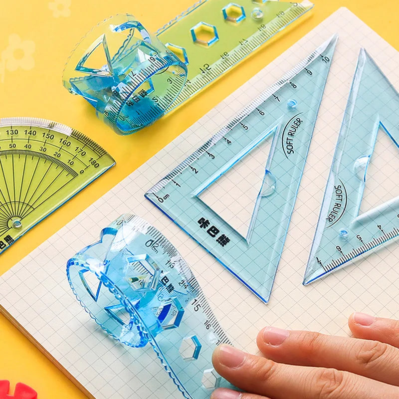 4pcs /set Soft Bendable Straight Ruler 15cm 20cm Protractor Triangular Rule Plastic Child Student Stationery Supplies