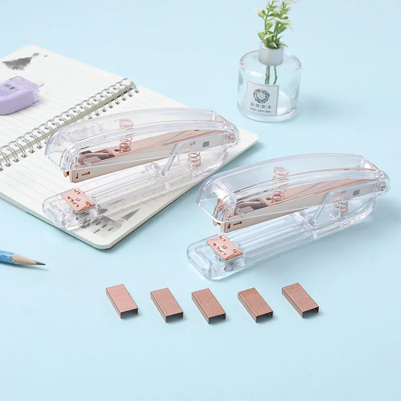 Acrylic Transparent Stapler Rose Gold Color Crystal INS Design 24/6 Staples Stationery Office Binding School Supplies A6331
