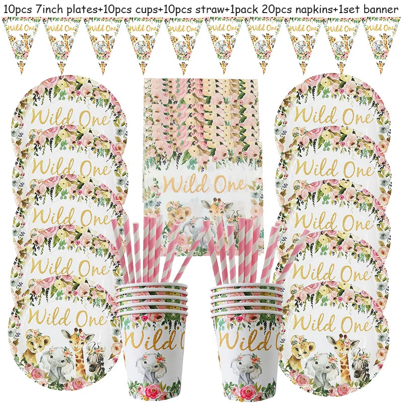 Pink Gold Animal Wild One Birthday Party Tableware Set Forest Decoration One Birthday Jungle Safari Party Supplies