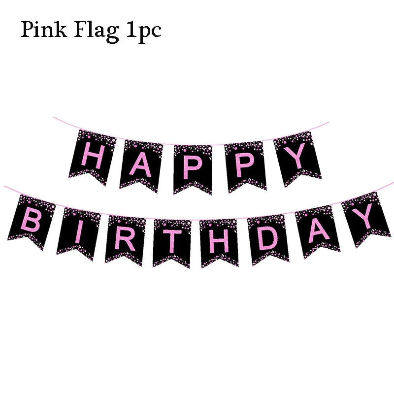 Gold Black Party Happy Birthday Banner Disposable Tableware Pink Paper Cups Plate Napkins For Kids Birthday Party Decor Supplies