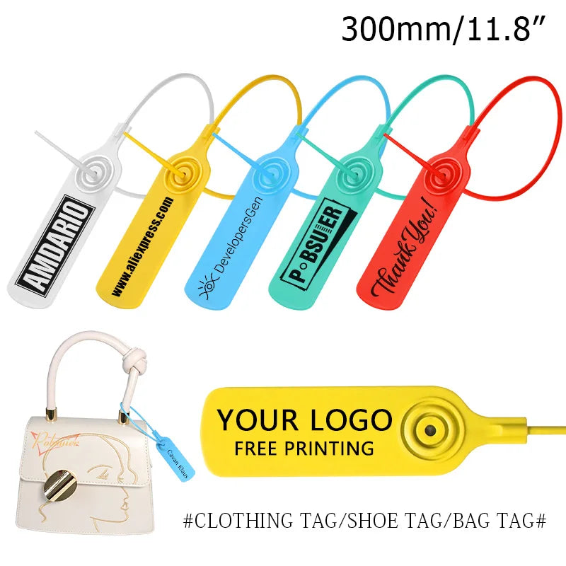 100pcs Custom Palstic Security Seals Personalized Product Logo Brand Label Hang Tag for Clothing Shoe Bag Business 300mm/11.8"