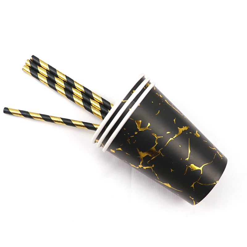 Black Series Gold Blocking Disposable Tableware Party Paper Plates Napkins Cups Straws Birthday Party Wedding New Year Decor