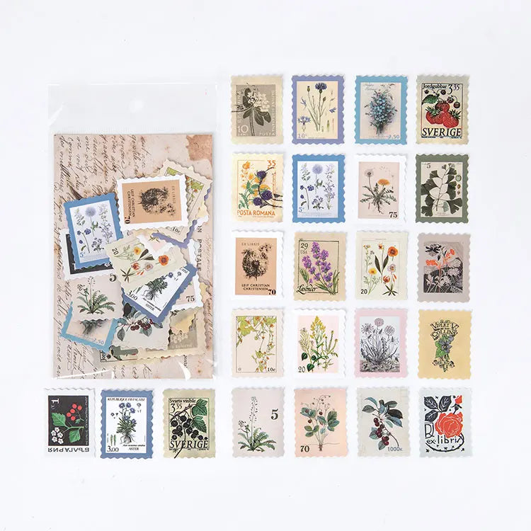 Yoofun 46pcs/pack Vintage Stickers Postage Stamp Sticker Retro Museum Flower Plants Castle Label for Scrapbooking Journal DIY