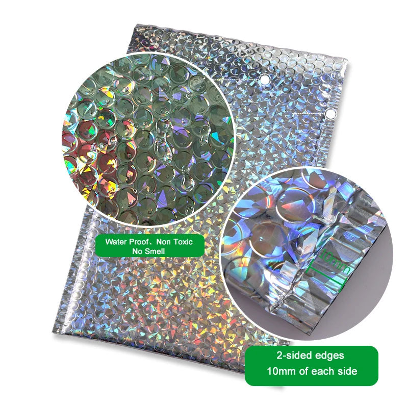 10PCS Holographic Metallic Bubble Mailer Laser Gift Bags Glamour Colorful Foil Bubble Envelopes Padded Shipping Mailing Envelope