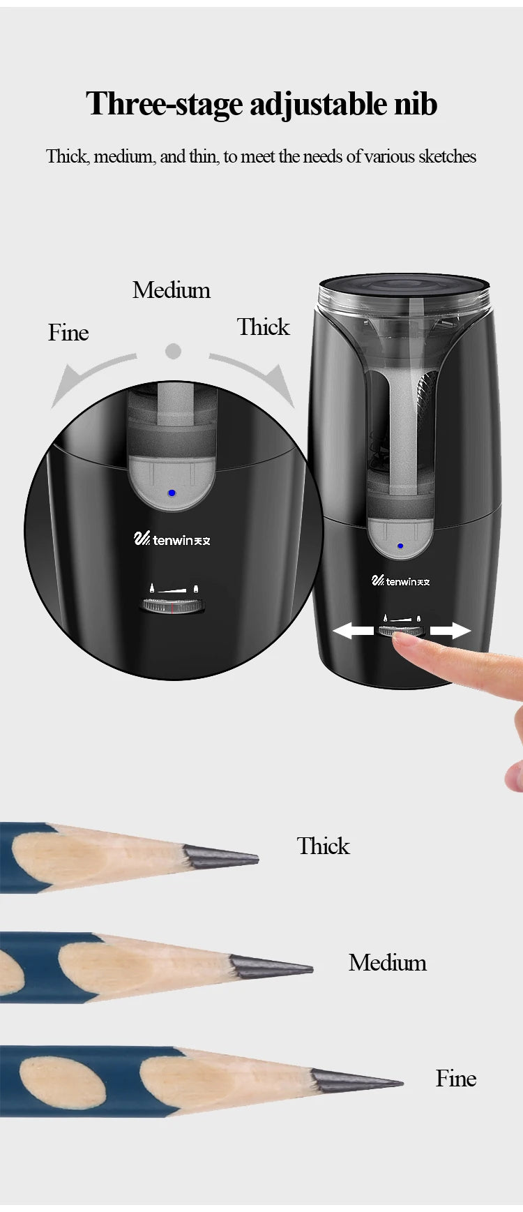Tenwin 8028 Electric Pencil Sharpener Automatic Mechanical Pencil Sharpener Thick/Fine Nib/Tip Adjustable Student Sketch Drawing