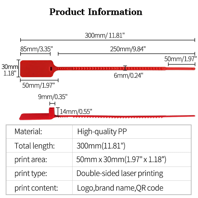 100Pcs Custom Logo Plastic Security Seals Zip Tie Hang Tags Personalized Brand Labels for Garment Sneaker Shoes 300mm 11.8"