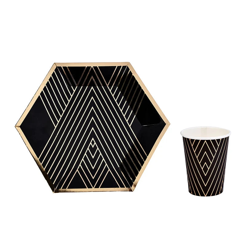 Black Series Gold Blocking Disposable Tableware Party Paper Plates Napkins Cups Straws Birthday Party Wedding New Year Decor