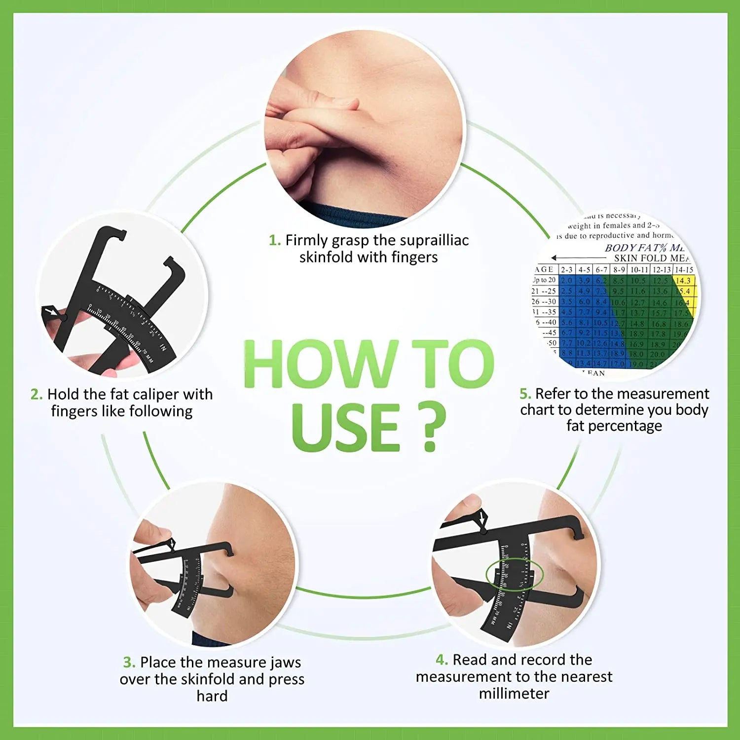 Body Fat Caliper Fat Measure Clipper Combo with Body Fat Percentage Measure Chart Measuring Body Fat for Men and Women