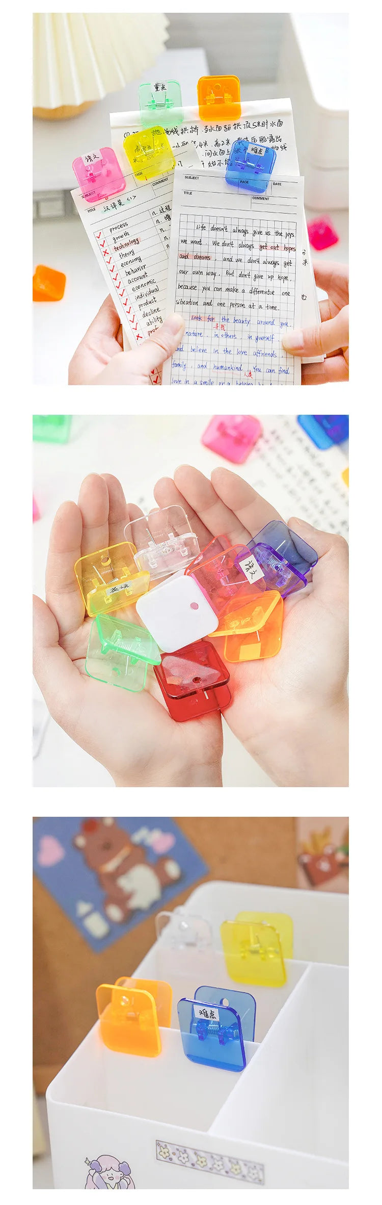 5pcs Candy Mini Square Clips Transparent & Solid Color Page Holder Paper Clip for Memo File Magazine Household A6794