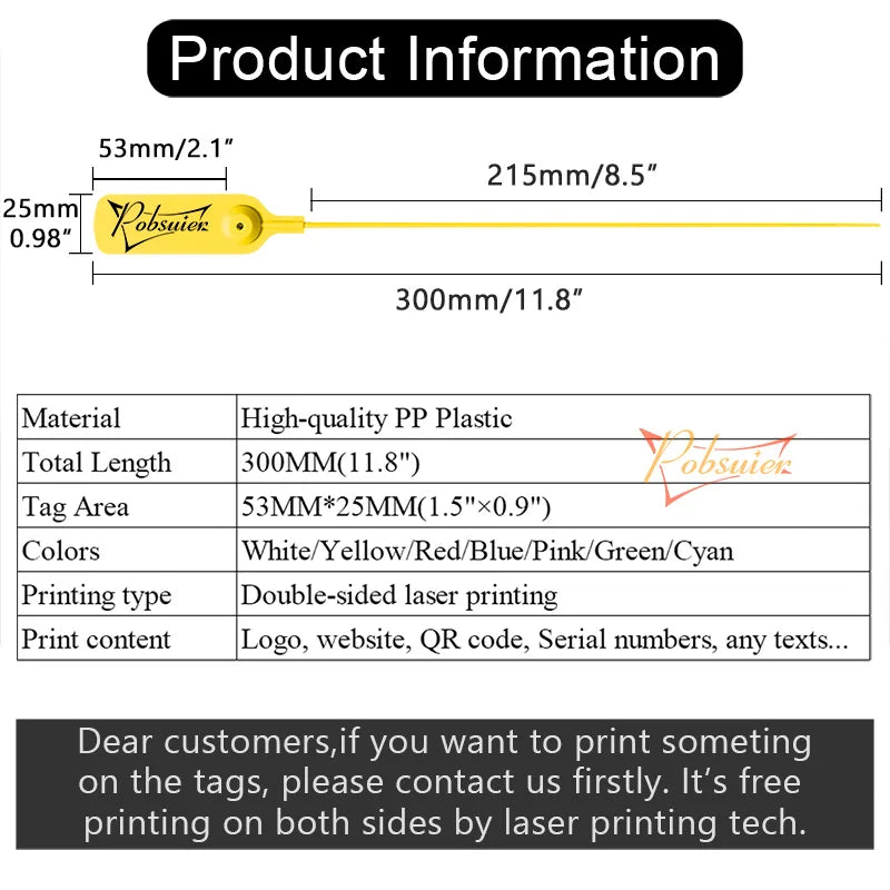 100pcs Custom Palstic Security Seals Personalized Product Logo Brand Label Hang Tag for Clothing Shoe Bag Business 300mm/11.8"