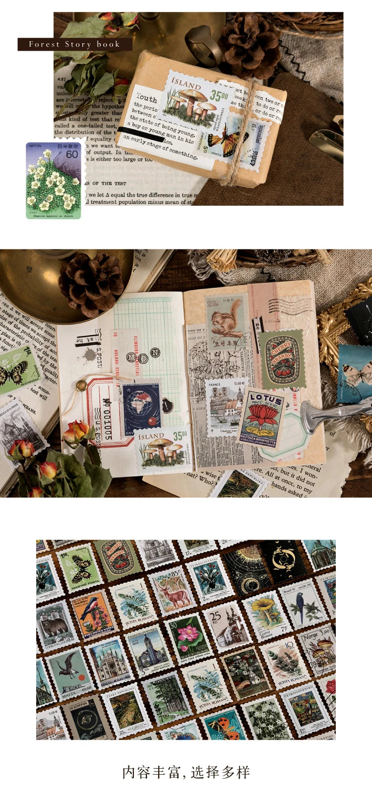Yoofun 46pcs/pack Vintage Stickers Postage Stamp Sticker Retro Museum Flower Plants Castle Label for Scrapbooking Journal DIY