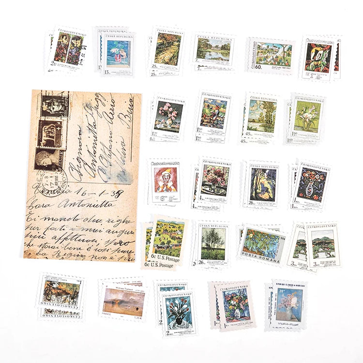 Yoofun 46pcs/pack Vintage Stickers Postage Stamp Sticker Retro Museum Flower Plants Castle Label for Scrapbooking Journal DIY