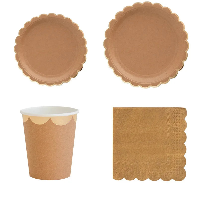 Kraft Paper Themed Party Disposable Tableware Set Paper Plates Cups Straw Napkins Party Birthday Wedding Carnival Supplies Decor