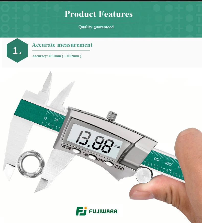 FUJIWARA Digital Display Stainless Steel Calipers 0-150mm 1/64 Fraction/MM/Inch LCD Electronic Vernier Caliper IP54 Waterproof
