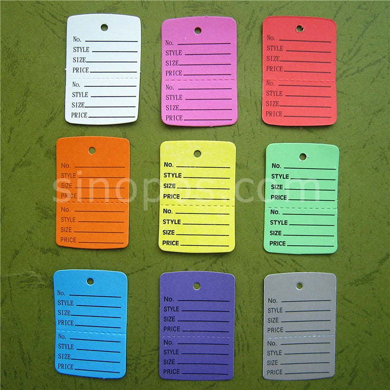 Small Perforated Coupon Price Tags Colorful, consignment shop label hang tag 2-parts stock control ticket inventory garment card