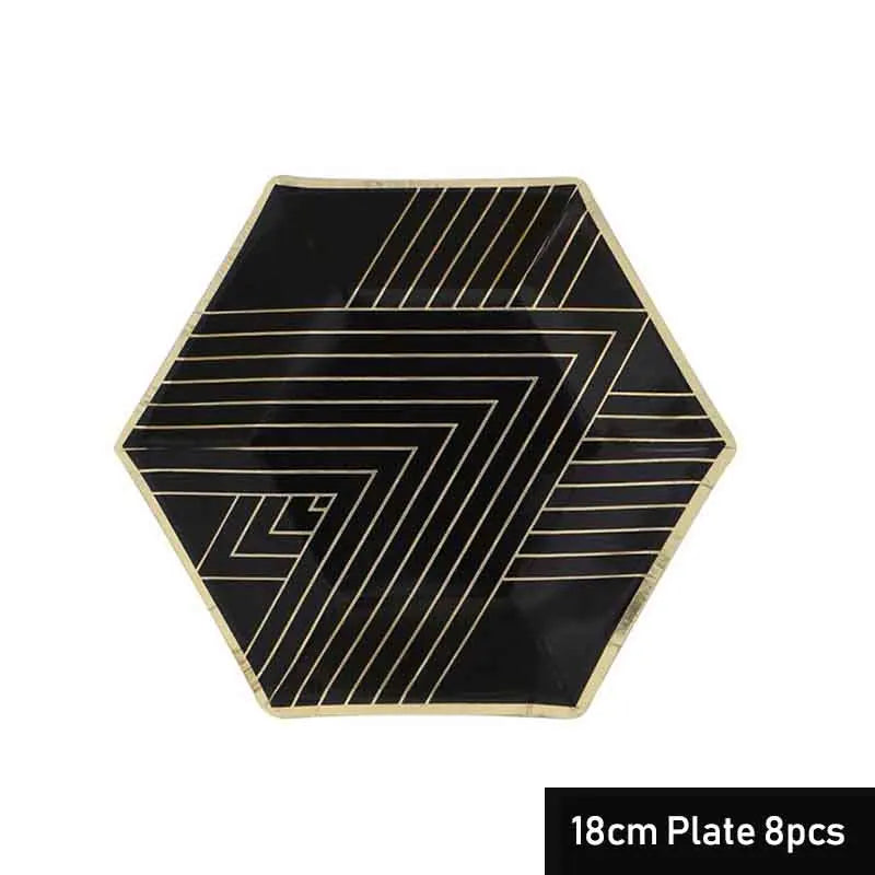 Black Series Gold Blocking Disposable Tableware Party Paper Plates Napkins Cups Straws Birthday Party Wedding New Year Decor
