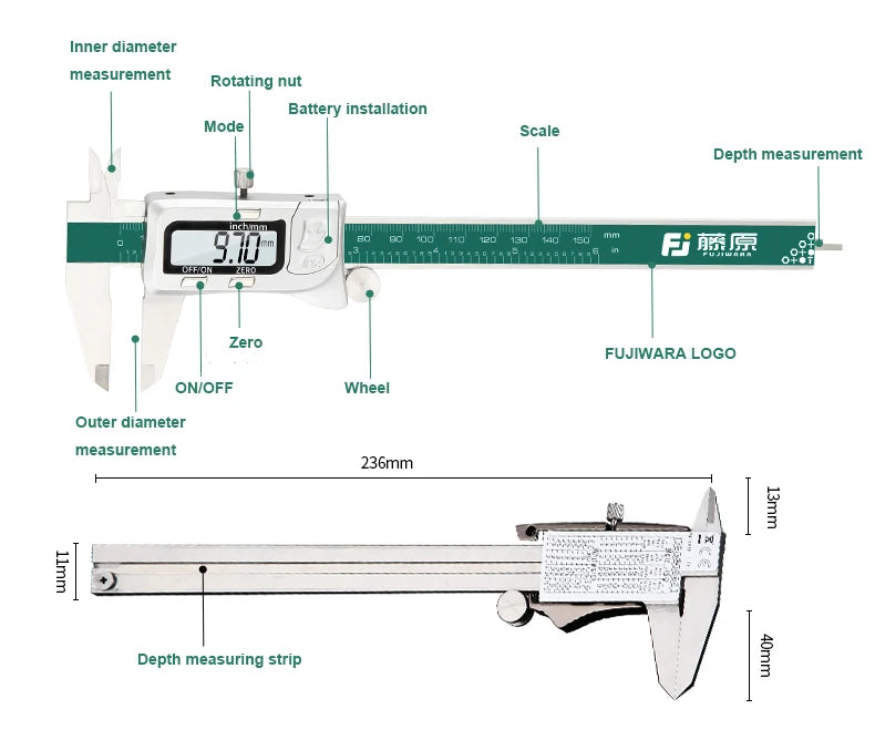 FUJIWARA Digital Display Stainless Steel Calipers 0-150mm 1/64 Fraction/MM/Inch LCD Electronic Vernier Caliper IP54 Waterproof