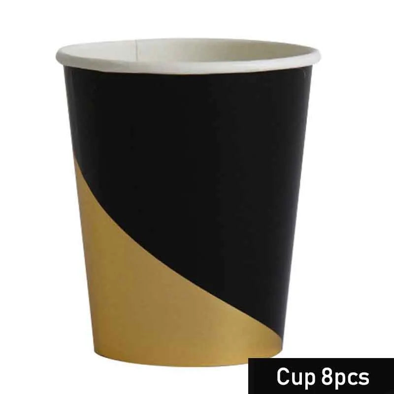 Black Series Gold Blocking Disposable Tableware Party Paper Plates Napkins Cups Straws Birthday Party Wedding New Year Decor