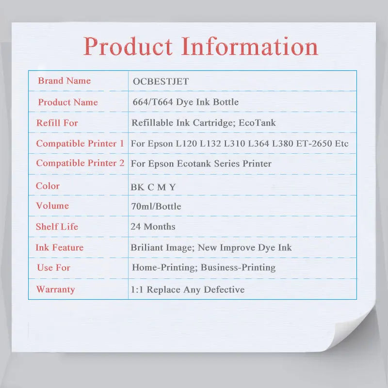 Dye Ink For Epson L100 L110 L120 L132 L210 L310 L365 L380 L382 L486 L550 L800 L805 L1300 L1455 ET-2500 ET-2650 (4 color options)