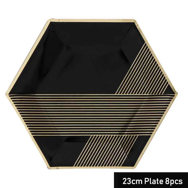 Black Series Gold Blocking Disposable Tableware Party Paper Plates Napkins Cups Straws Birthday Party Wedding New Year Decor