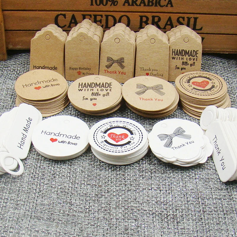various paper gift hang tag 100pcs per lot thank you kraft gift packing tag handmade with love products price tag