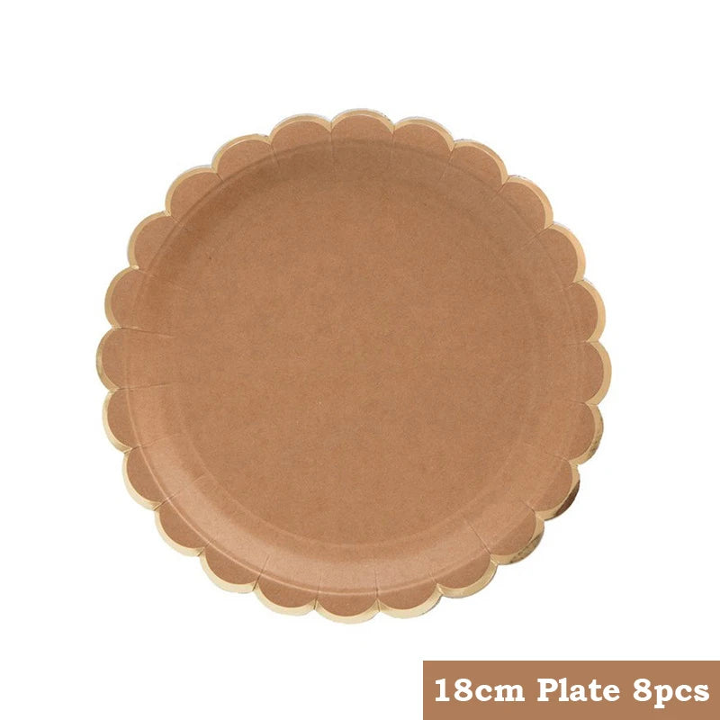Kraft Paper Themed Party Disposable Tableware Set Paper Plates Cups Straw Napkins Party Birthday Wedding Carnival Supplies Decor