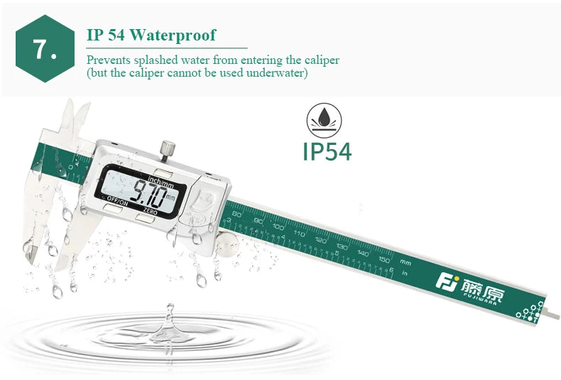 FUJIWARA Digital Display Stainless Steel Calipers 0-150mm 1/64 Fraction/MM/Inch LCD Electronic Vernier Caliper IP54 Waterproof