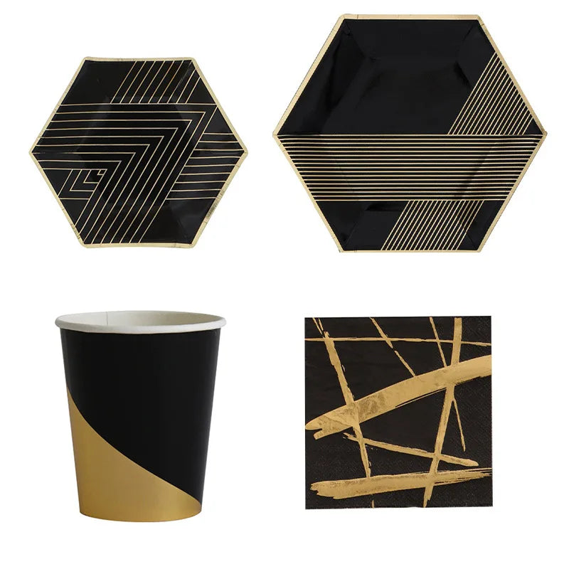 Black Series Gold Blocking Disposable Tableware Party Paper Plates Napkins Cups Straws Birthday Party Wedding New Year Decor
