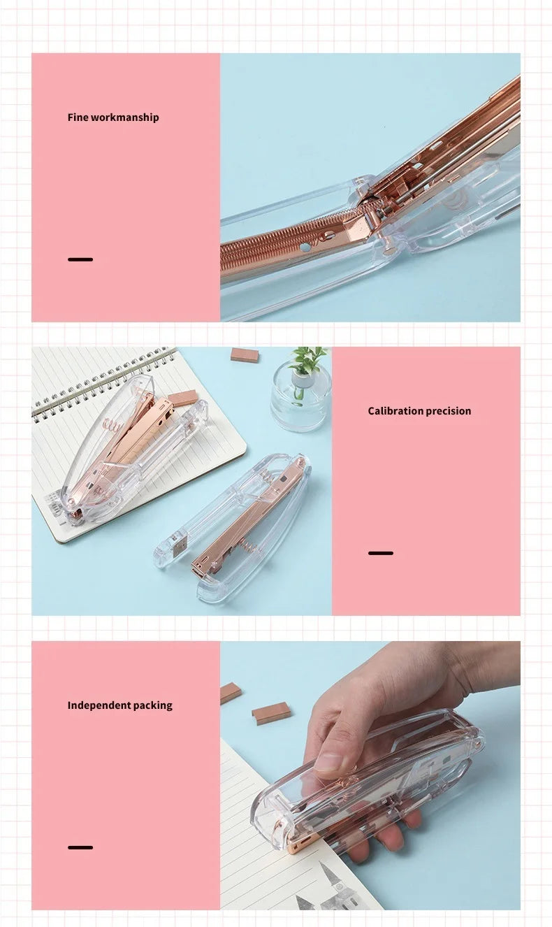 Acrylic Transparent Stapler Rose Gold Color Crystal INS Design 24/6 Staples Stationery Office Binding School Supplies A6331