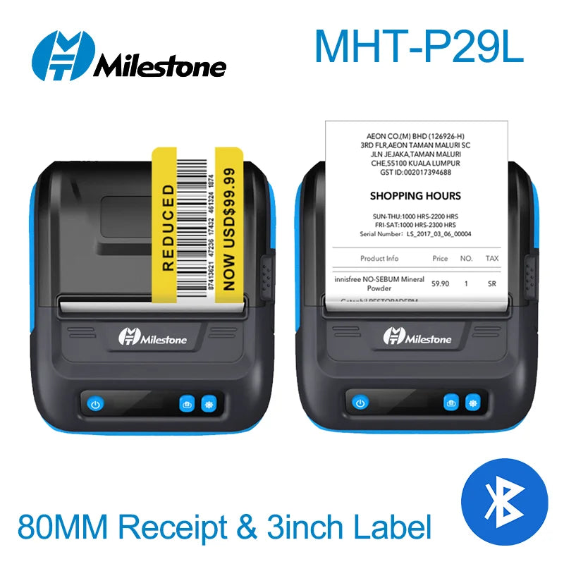 Milestone 80mm 2inch Wireless Bluetooth Thermal  Receipt Printer Receipt Label Maker Portable Sticker Label Printer Portable