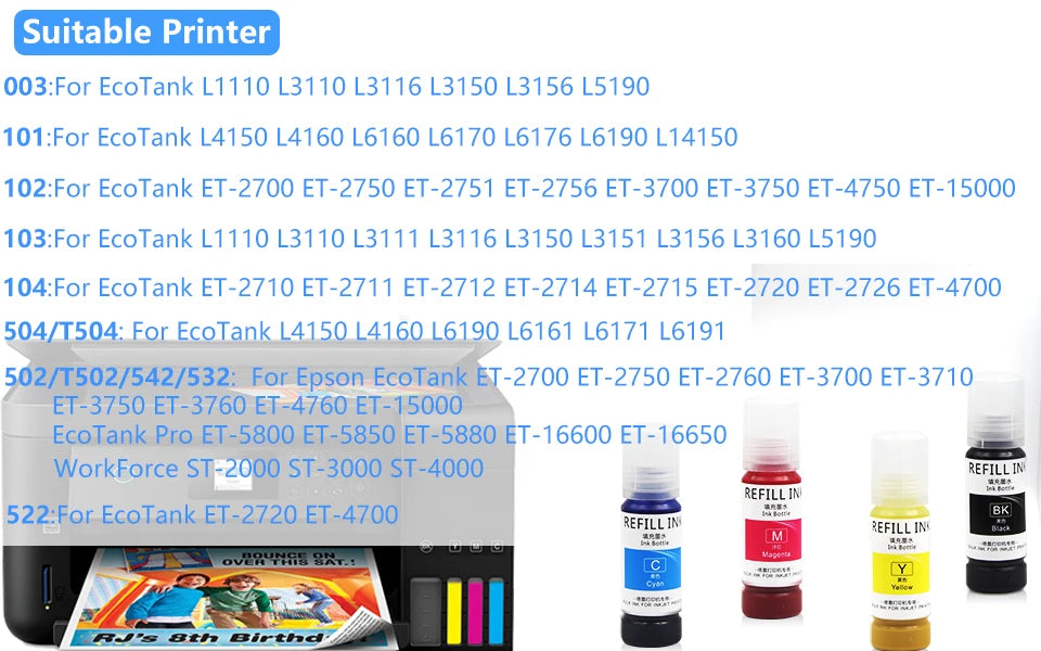 Compatible 502 T502 Refill Ink Bottles for Epson 502 Ink Refill Bottles Use for ET-4760 ET-4750 ET-3850 ET-2850 ET-2760 ET-3760