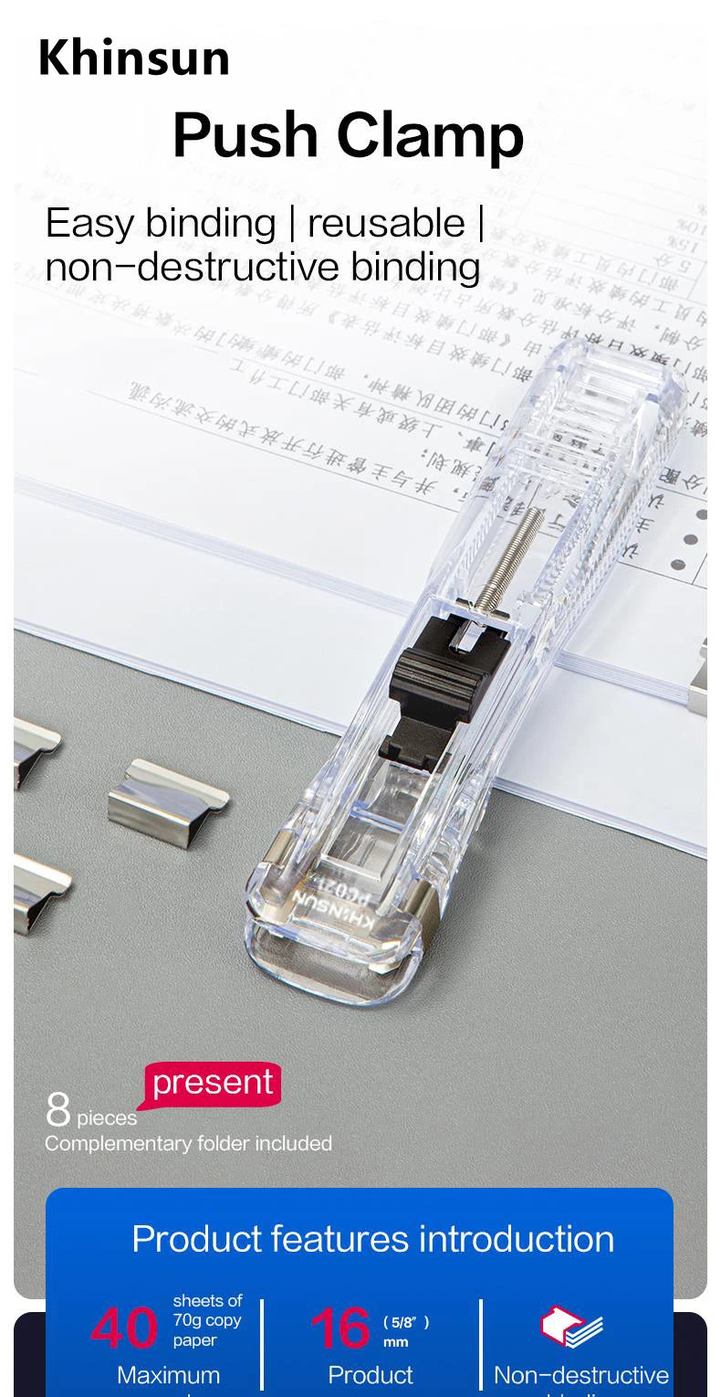 KHINSUN Paper Clipper Staplers Push Clamp File Documents Binding Tool Stapling Machine Paper Clips With Refills Office Supplies