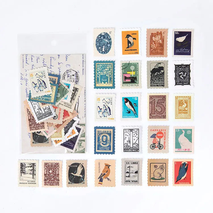 Yoofun 46pcs/pack Vintage Stickers Postage Stamp Sticker Retro Museum Flower Plants Castle Label for Scrapbooking Journal DIY