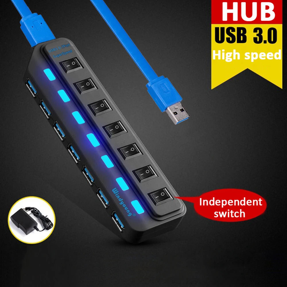 USB 3.0 HUB Multi USB Splitter 4/7 Port Expander High Speed USB 3.0 Hab with Power Adapter USB 3.0 Hub with Switch for Laptop PC