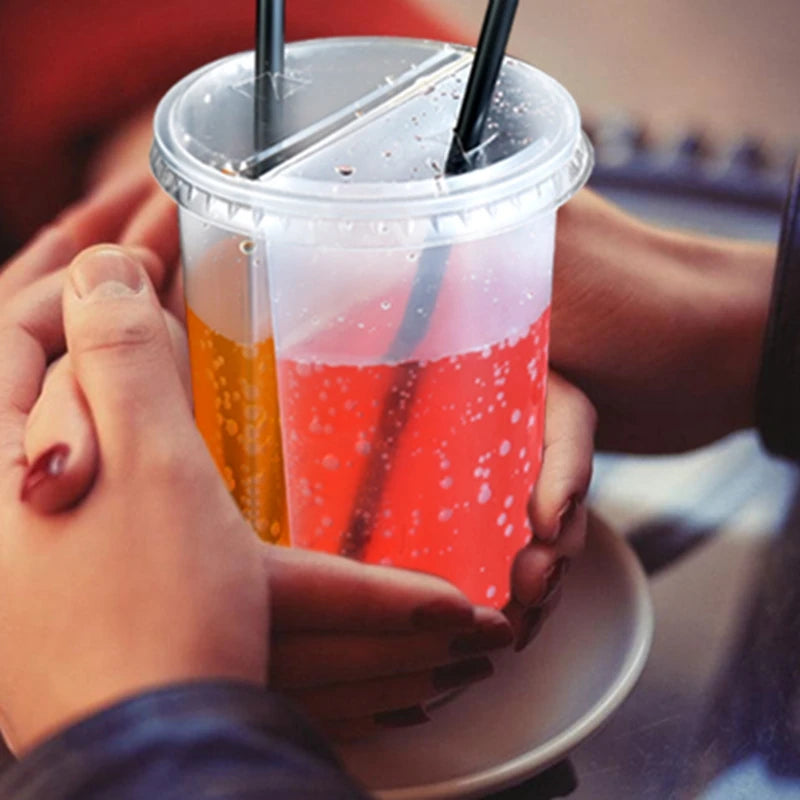 10Pcs 700ml Disposable Plastic Cups with Lids Double Grid Thicken Cup Couple Sharing Drinking Cup for Bubble Tea Boba Smoothie
