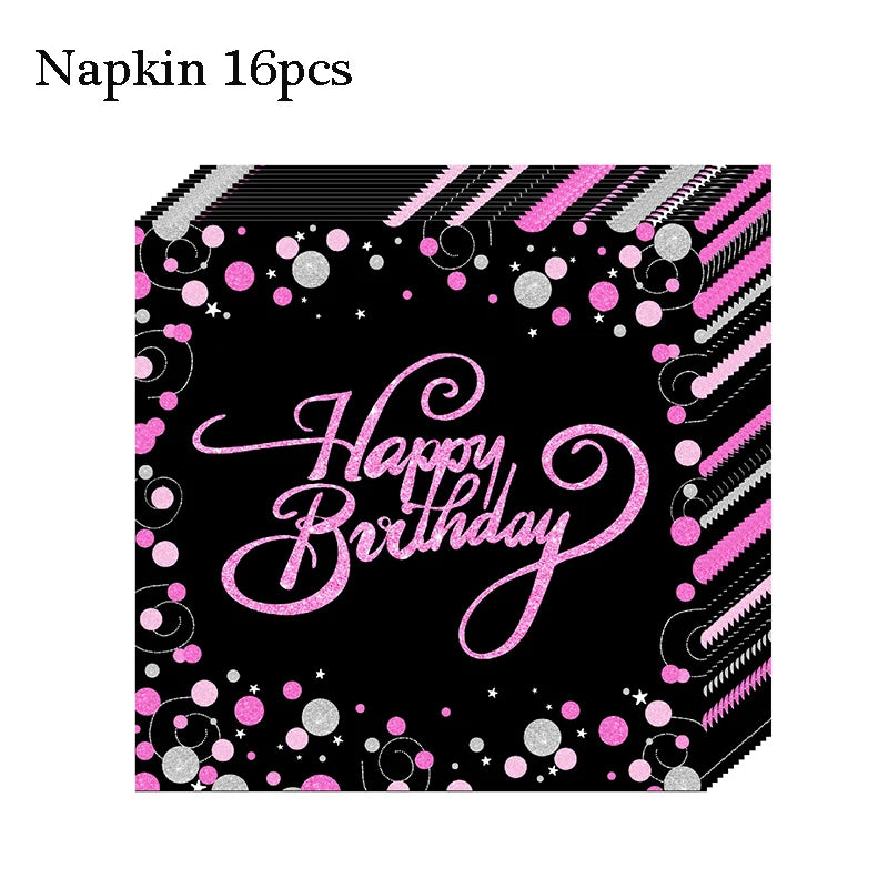 Gold Black Party Happy Birthday Banner Disposable Tableware Pink Paper Cups Plate Napkins For Kids Birthday Party Decor Supplies