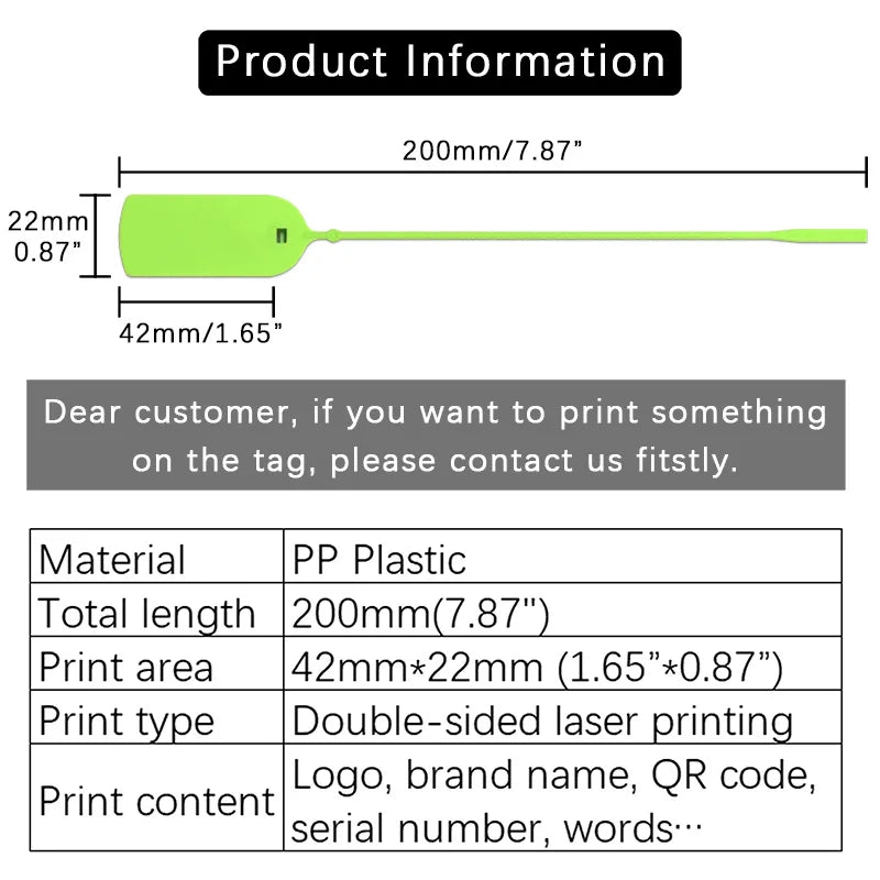 100Pcs Custom Logo Disposable Anti-tamper Plastic Security Seals Hang Tags for Clothing Shoes 200mm 7.8"