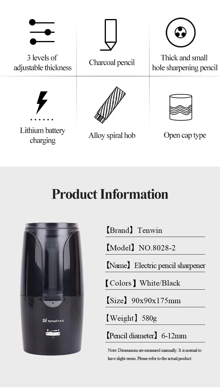 Tenwin 8028 Electric Pencil Sharpener Automatic Mechanical Pencil Sharpener Thick/Fine Nib/Tip Adjustable Student Sketch Drawing