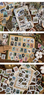 Yoofun 46pcs/pack Vintage Stickers Postage Stamp Sticker Retro Museum Flower Plants Castle Label for Scrapbooking Journal DIY