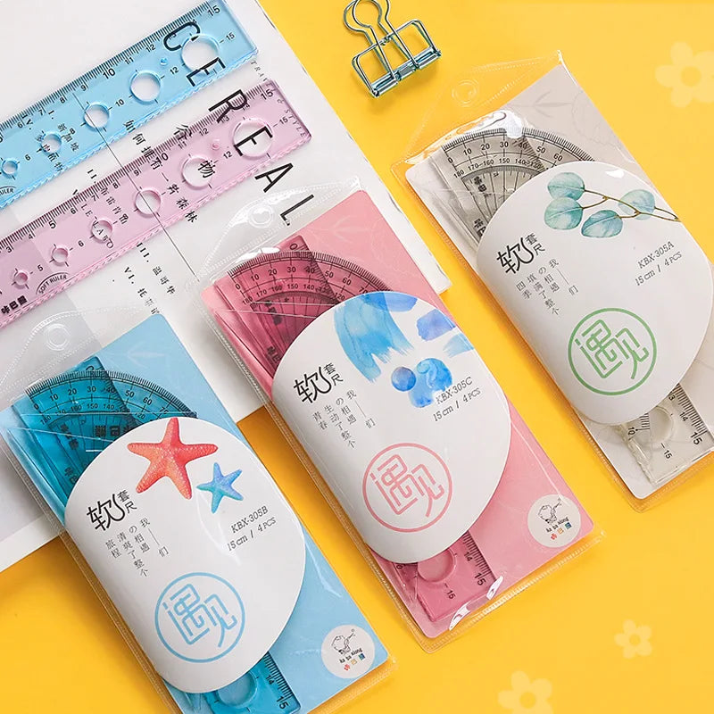 4pcs /set Soft Bendable Straight Ruler 15cm 20cm Protractor Triangular Rule Plastic Child Student Stationery Supplies