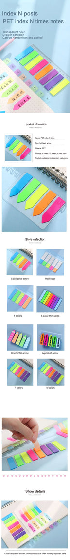Color Fluorescence Sticky Notes Set Memo Pad Bookmarks Banners Transparent Sticky Notes School Office Stationery