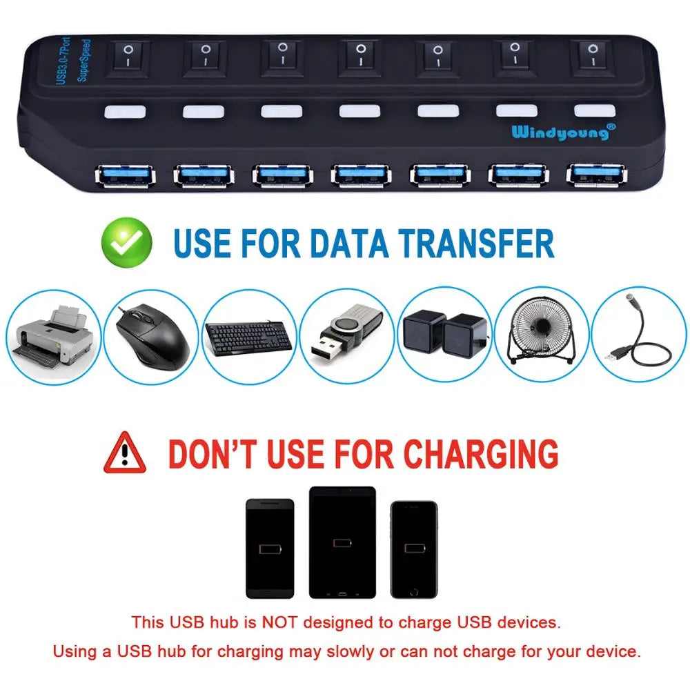 USB 3.0 HUB Multi USB Splitter 4/7 Port Expander High Speed USB 3.0 Hab with Power Adapter USB 3.0 Hub with Switch for Laptop PC