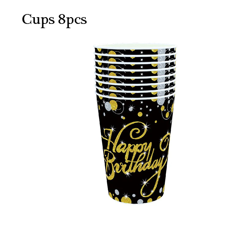 Gold Black Party Happy Birthday Banner Disposable Tableware Pink Paper Cups Plate Napkins For Kids Birthday Party Decor Supplies