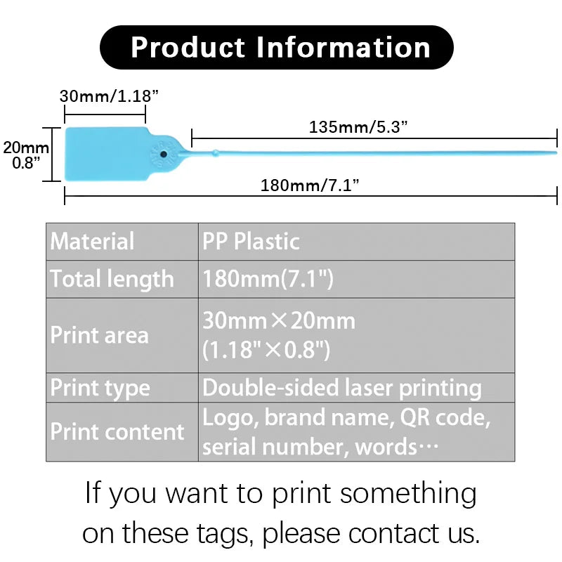 100Pcs Custom Logo Disposable Plastic Security Seals Personalized Hang Tags for Clothing Shoes 180mm