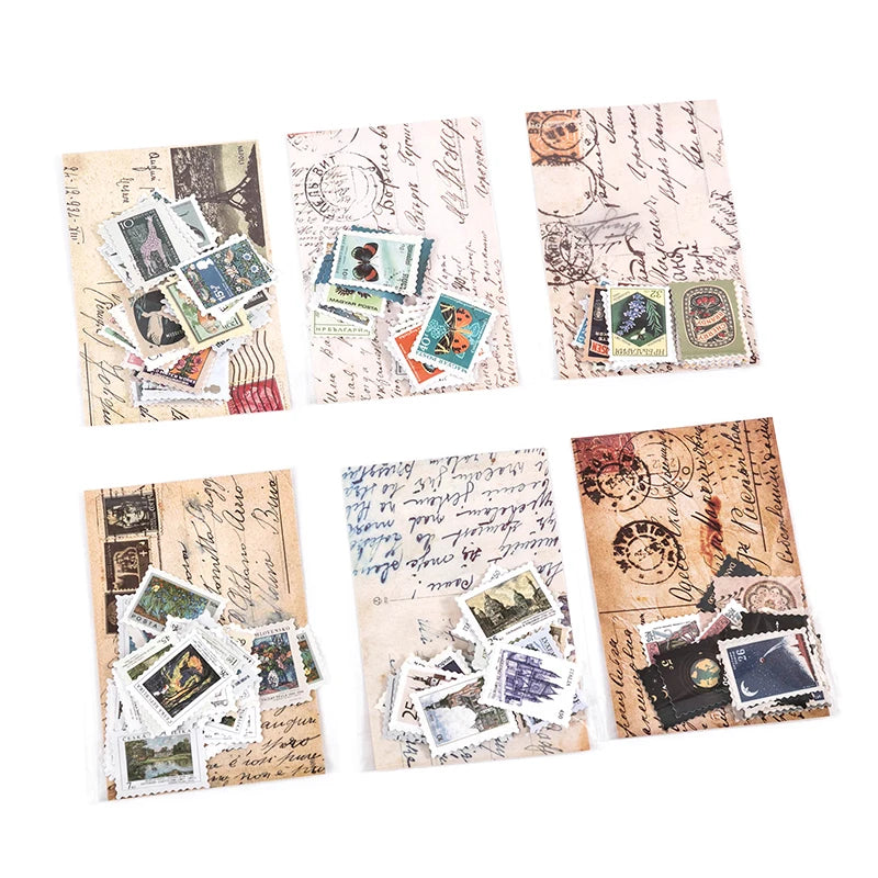 Yoofun 46pcs/pack Vintage Stickers Postage Stamp Sticker Retro Museum Flower Plants Castle Label for Scrapbooking Journal DIY