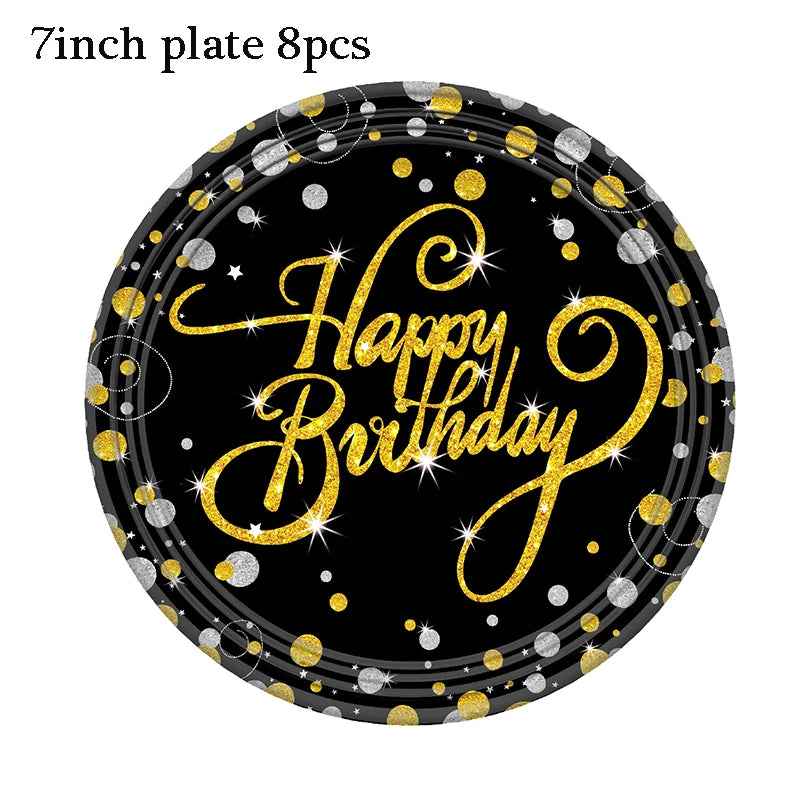 Gold Black Party Happy Birthday Banner Disposable Tableware Pink Paper Cups Plate Napkins For Kids Birthday Party Decor Supplies