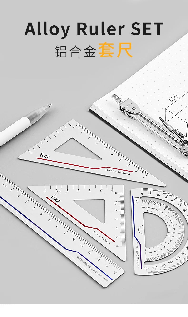 Youpin 4 in 1 Fizz Metal Ruler Stationery Set Aluminum Alloy Multifunctional Combination Ruler Ruler Triangle Protractor Drawing
