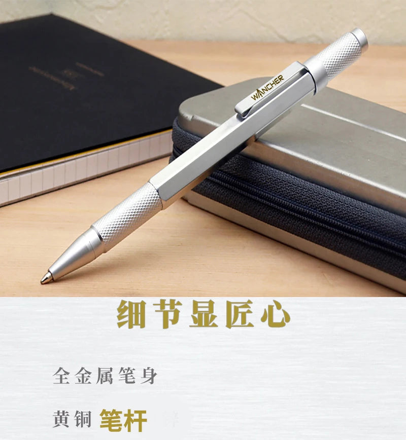 WANCHER Ballpoint Pen Original Hexagon Brass Metal Rotary Black 0.5mm Refill Replaceable W1558 Office School Stationery