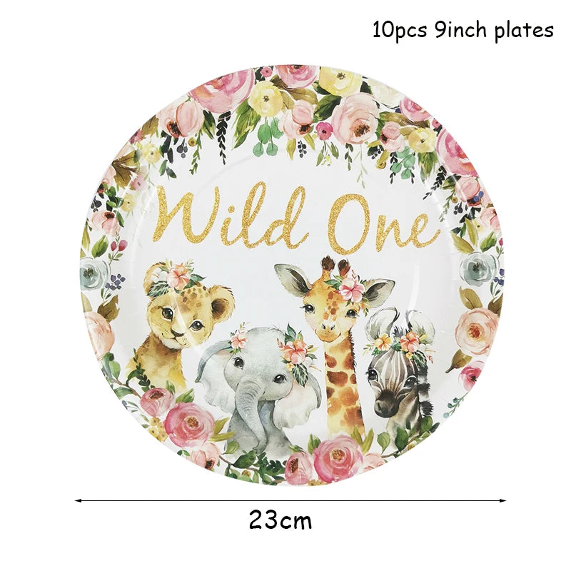 Pink Gold Animal Wild One Birthday Party Tableware Set Forest Decoration One Birthday Jungle Safari Party Supplies